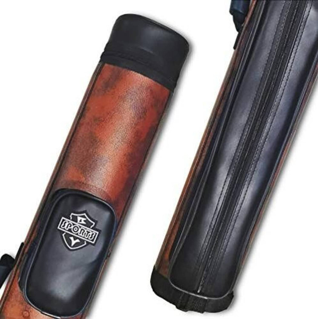 Brown pool cue case end cap with black leather-look cover and Sports logo patch