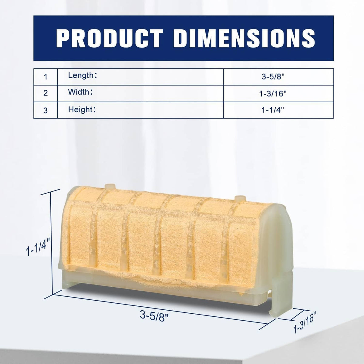 Tan air filter cartridge in plastic housing shown with size diagram.