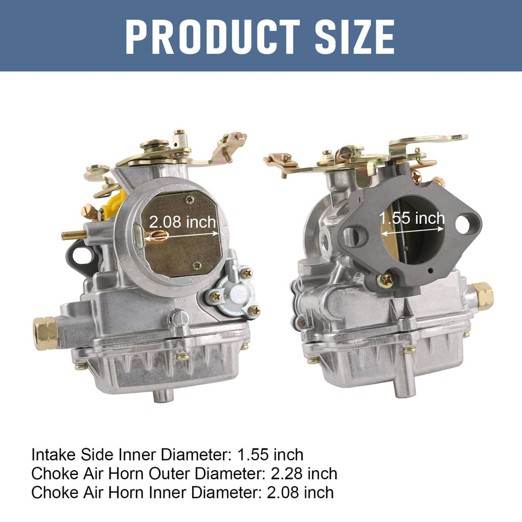 Carburetor front and side views with size labels for intake and choke openings.