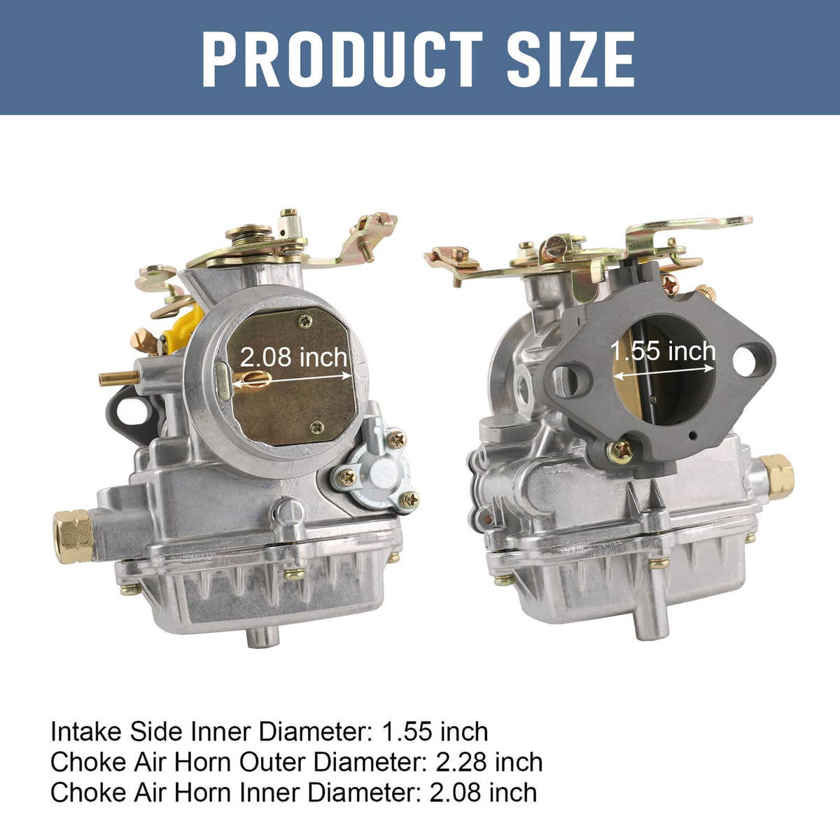 Carburetor front and side views with size labels for intake and choke openings.