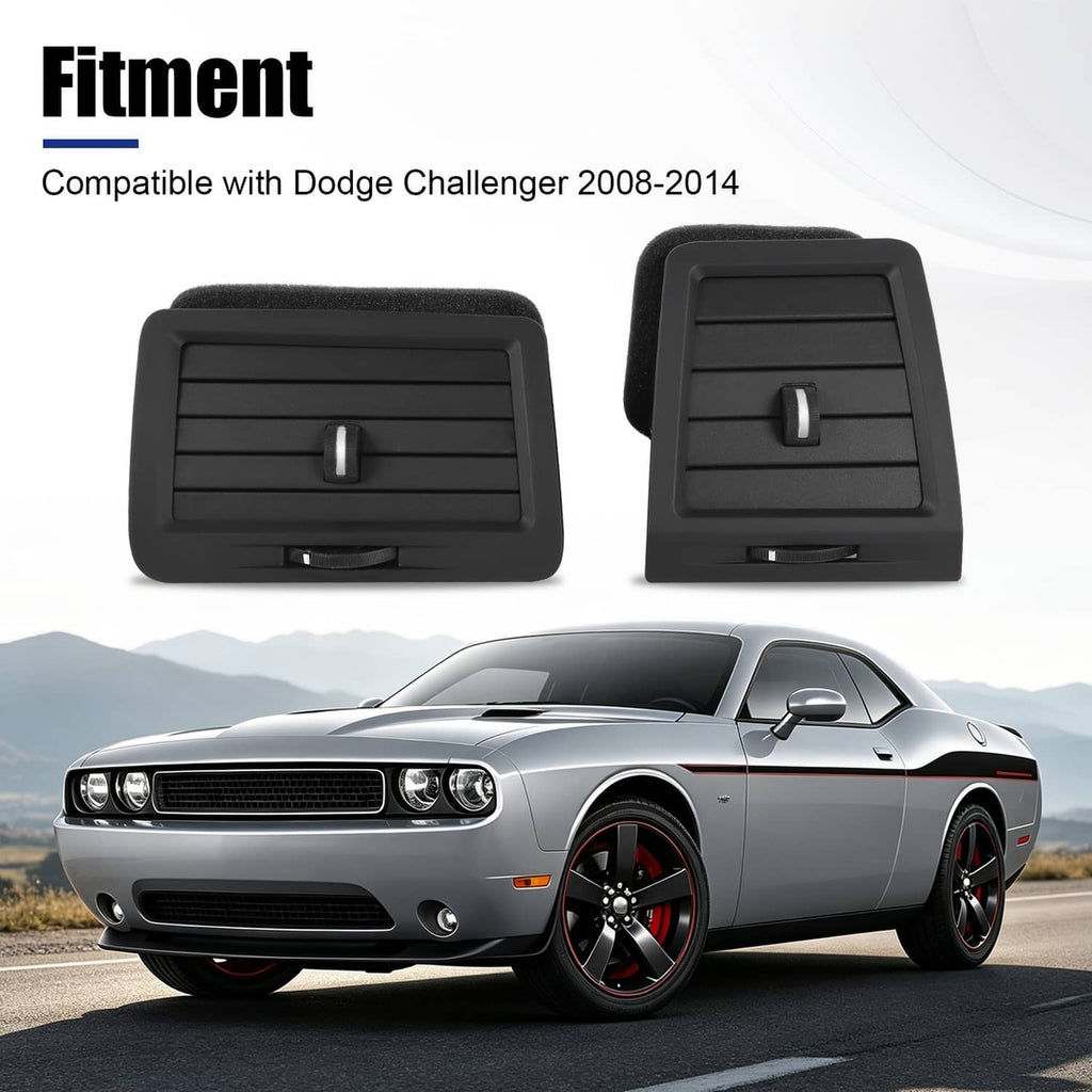 Pair of dashboard A/C vents in black with central adjustment tab and grille