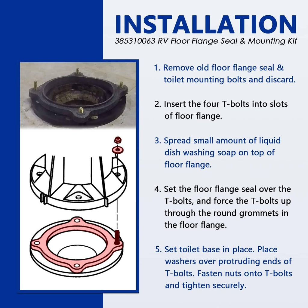 Installation diagram for RV floor flange seal and mounting kit with seal and bolts