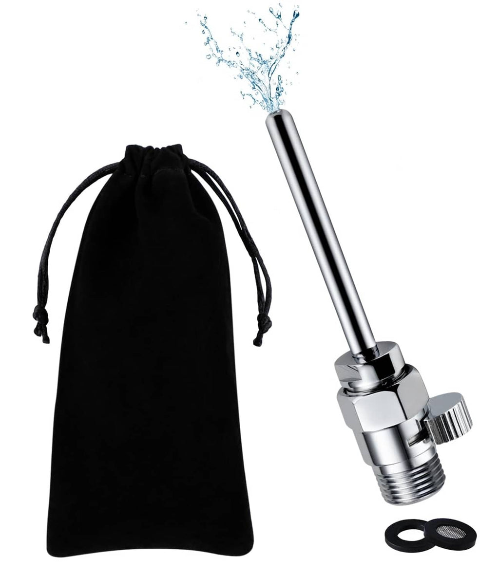 Polished chrome douche nozzle with threaded connector, O-rings, and black drawstring pouch