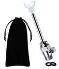 Polished chrome douche nozzle with threaded connector, O-rings, and black drawstring pouch
