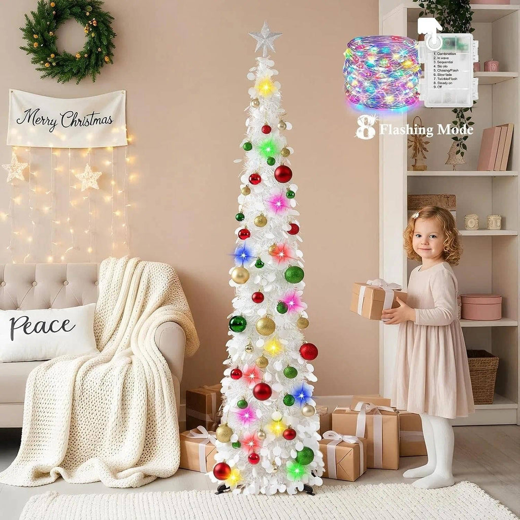White pop-up Christmas tree with star topper, multicolor LED lights, and hanging baubles
