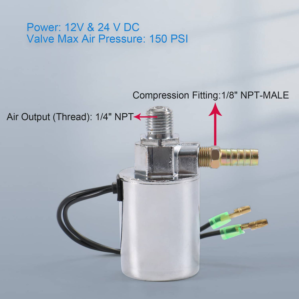 Air horn solenoid valve with brass threaded outlet and black power wires