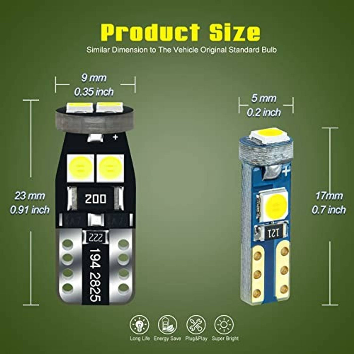 LED instrument bulb with socket, yellow LED chip, product size comparison graphic
