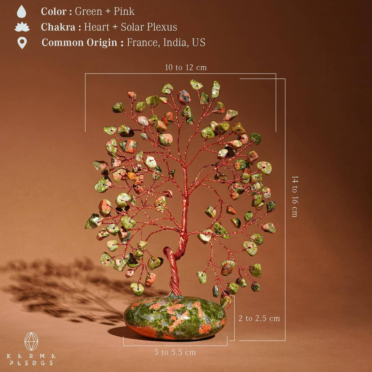 Unakite stone tree with green-pink crystal leaves, red wire branches, rock base