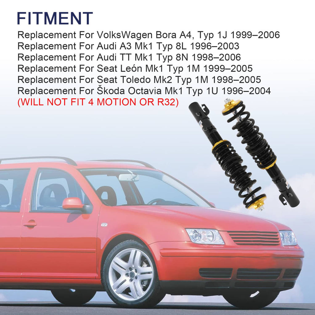 Two coilover shock struts with black coil springs and gold top caps, angled for detail view