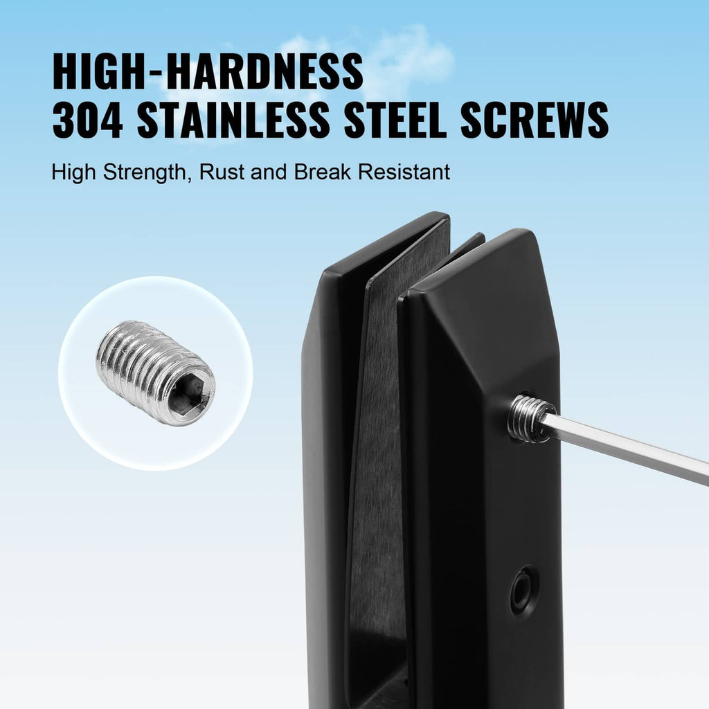 Black square glass clamp with stainless steel screw shown for securing glass