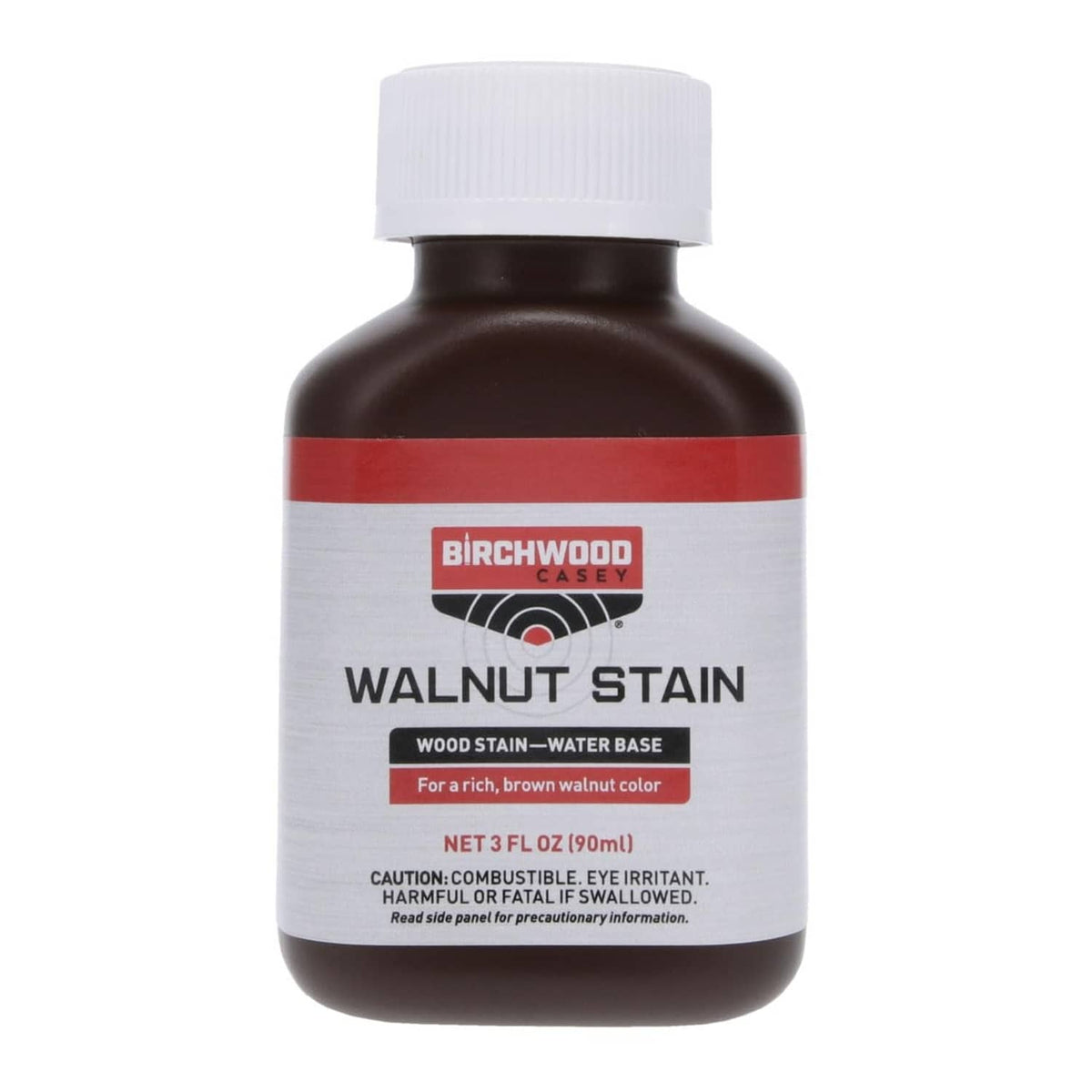 Birchwood Casey walnut wood stain bottle, brown liquid, net 3 fl oz