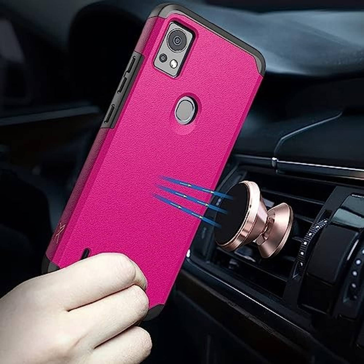 Pink rugged phone case with raised edges and camera cutout, held in hand