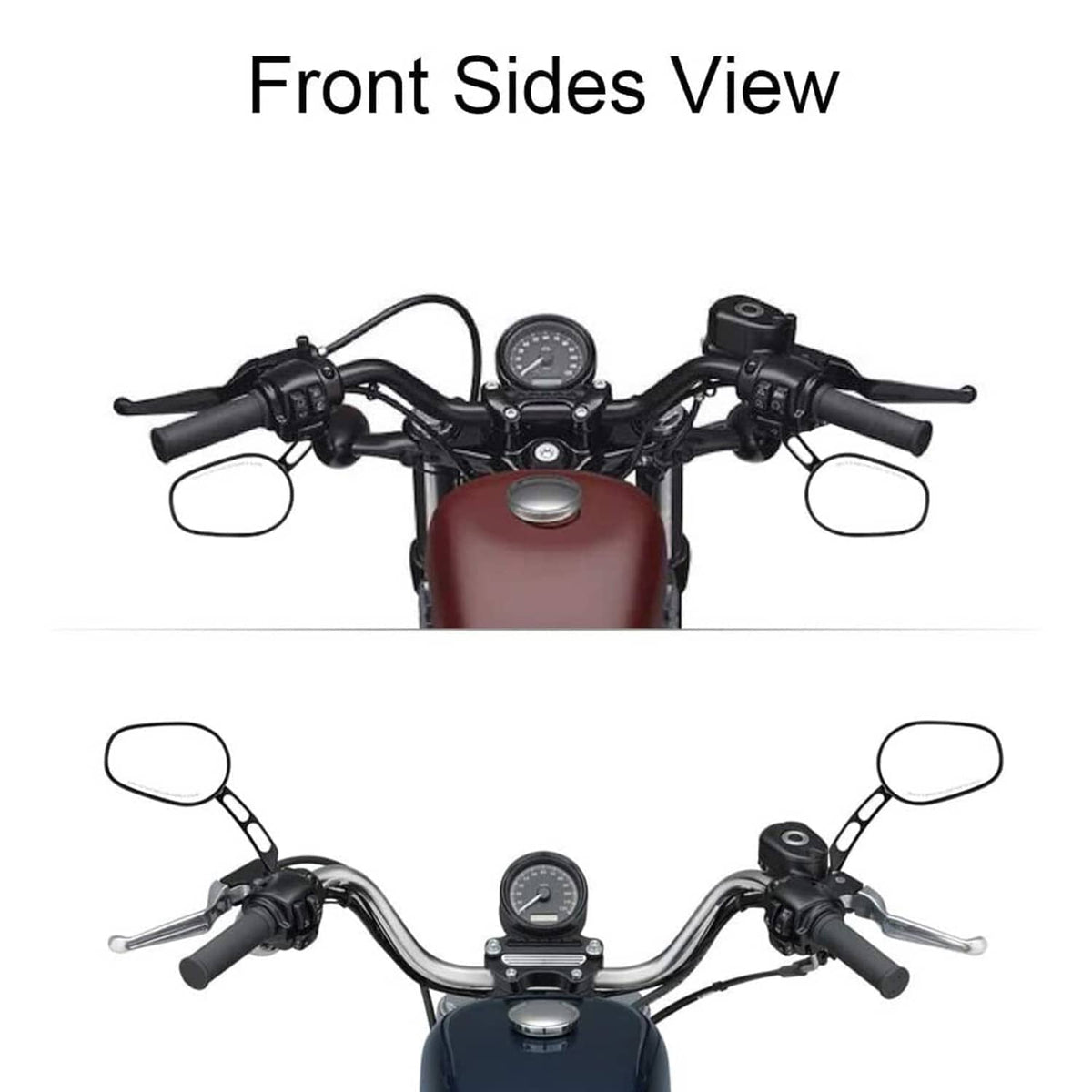 Black rear view mirrors mounted on motorcycle handlebars, shown from the front sides.