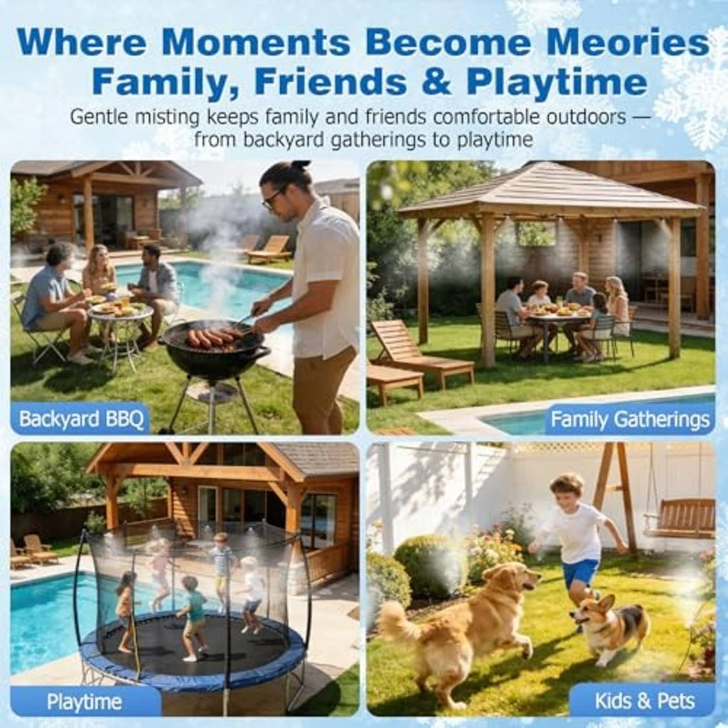 Outdoor misting cooling system spraying fine mist for cooling during backyard gatherings