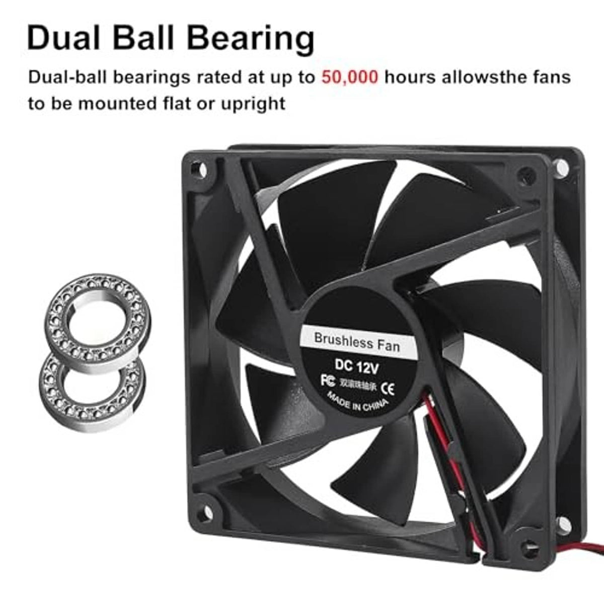 92mm brushless PC fan with dual ball bearings detail and red 2-pin connector lead