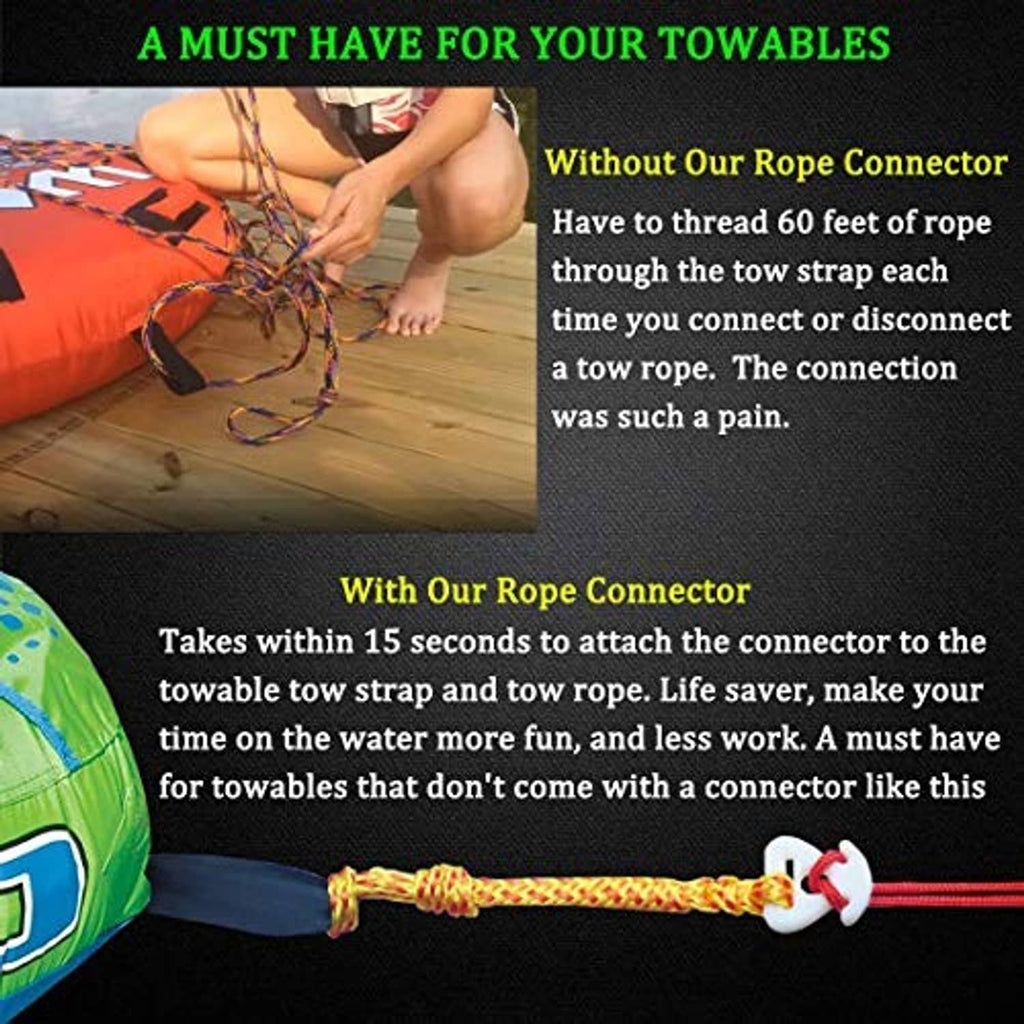 White boat tow quick connector with red-yellow braided rope and red barbed tip