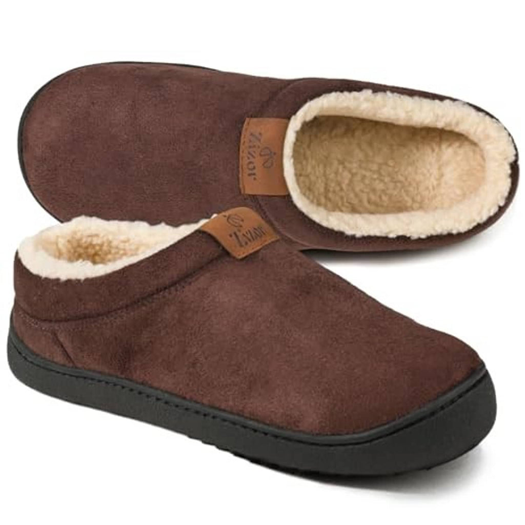 Dark brown moccasin slippers, cream fleece interior, slip-on style with stitched sole