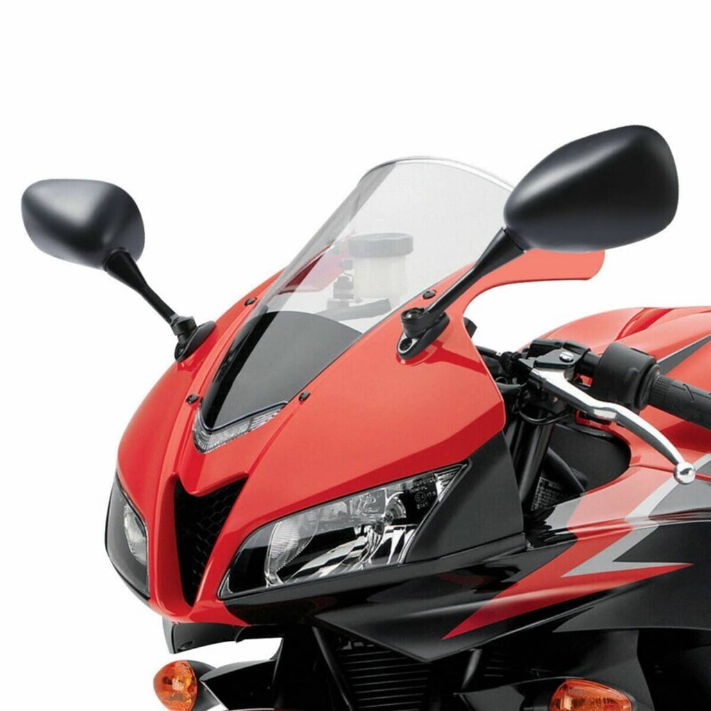 Motorcycle front-mounted mirror on red sport bike fairing with black mirror housings