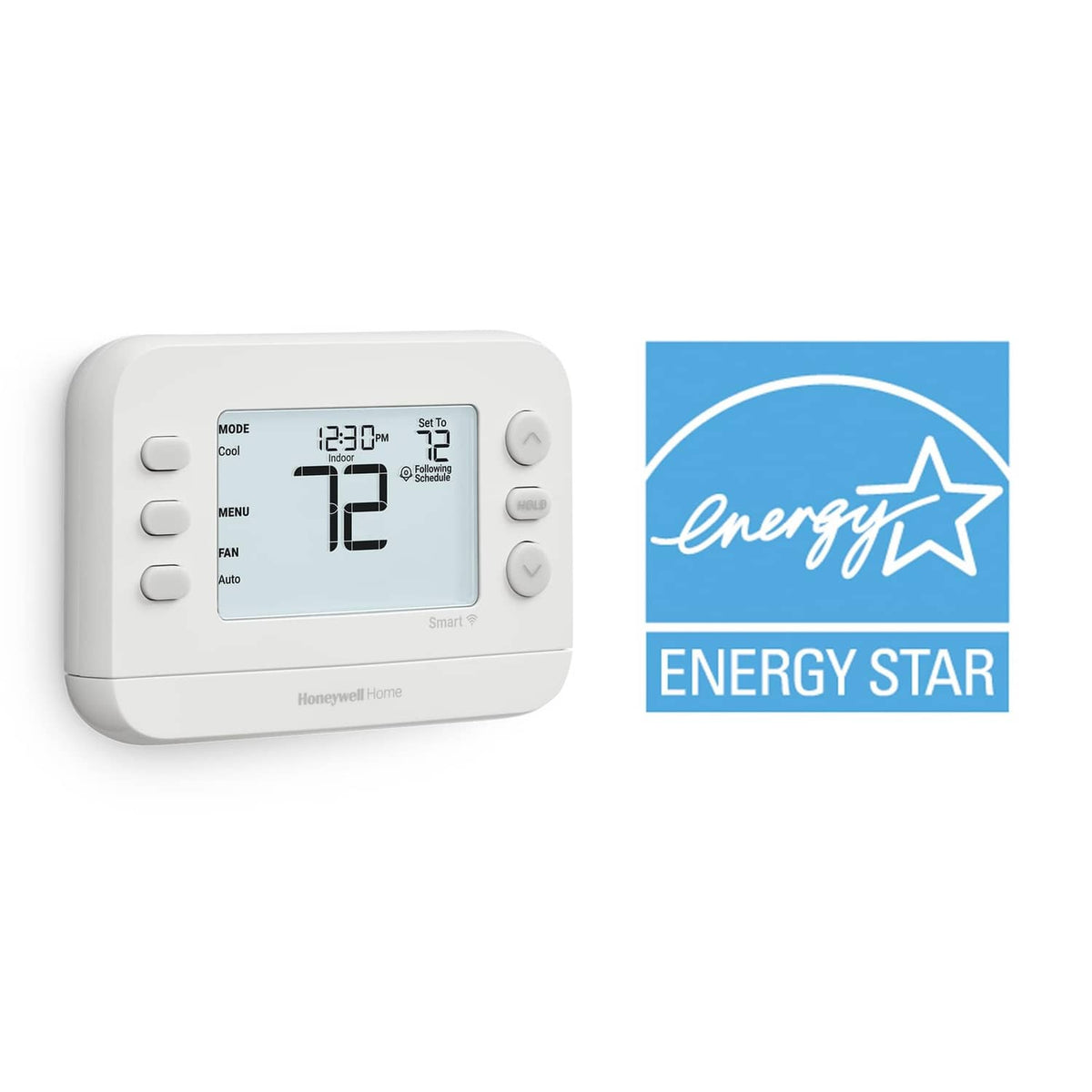 Grey smart thermostat with LCD screen and Energy Star certification badge