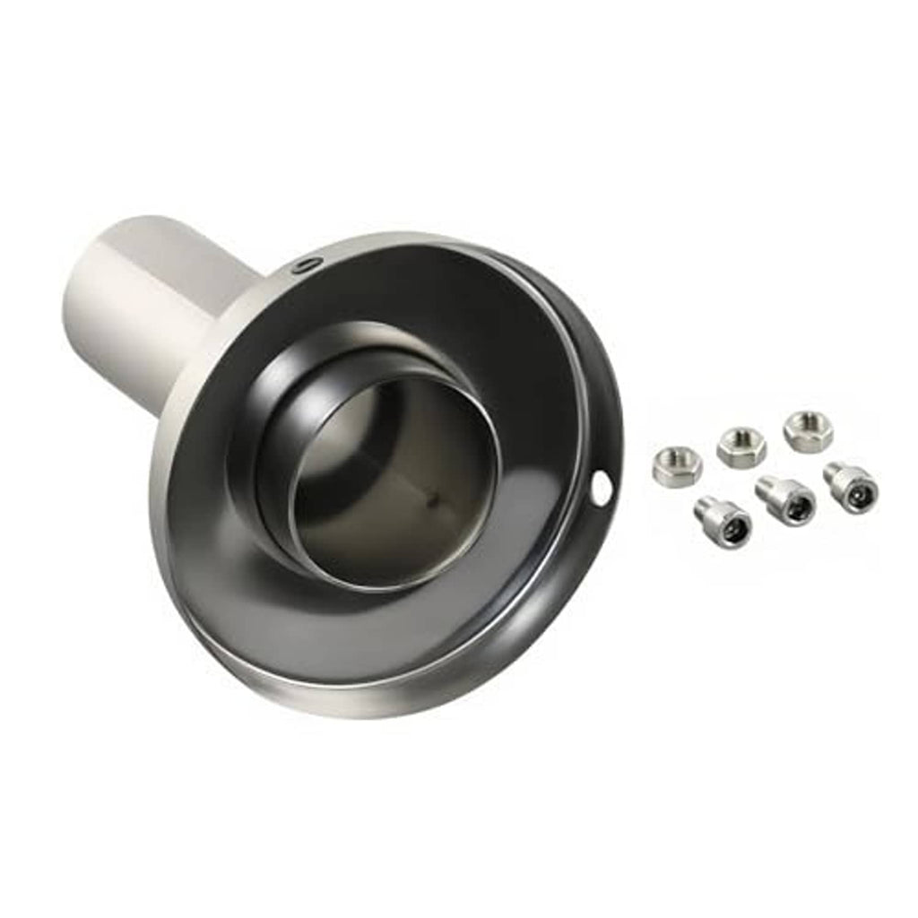 Universal exhaust muffler tip with black center inlet, silver rim, and included screws