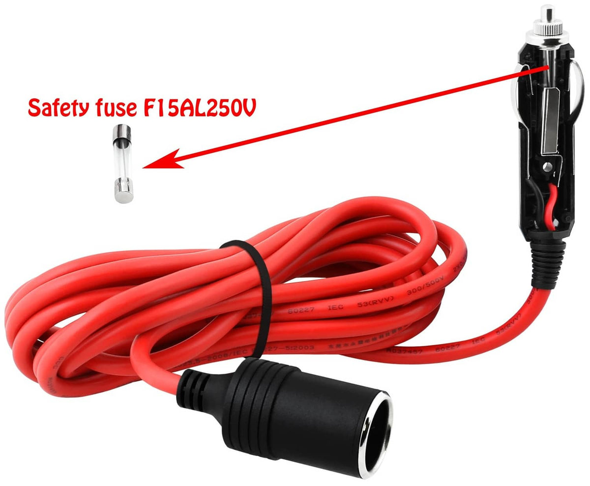 Red 12V extension cord with cigarette lighter plug, inline fuse, and black socket