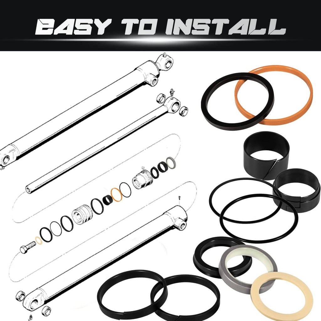 Hydraulic cylinder seal kit exploded view with black and orange seal rings