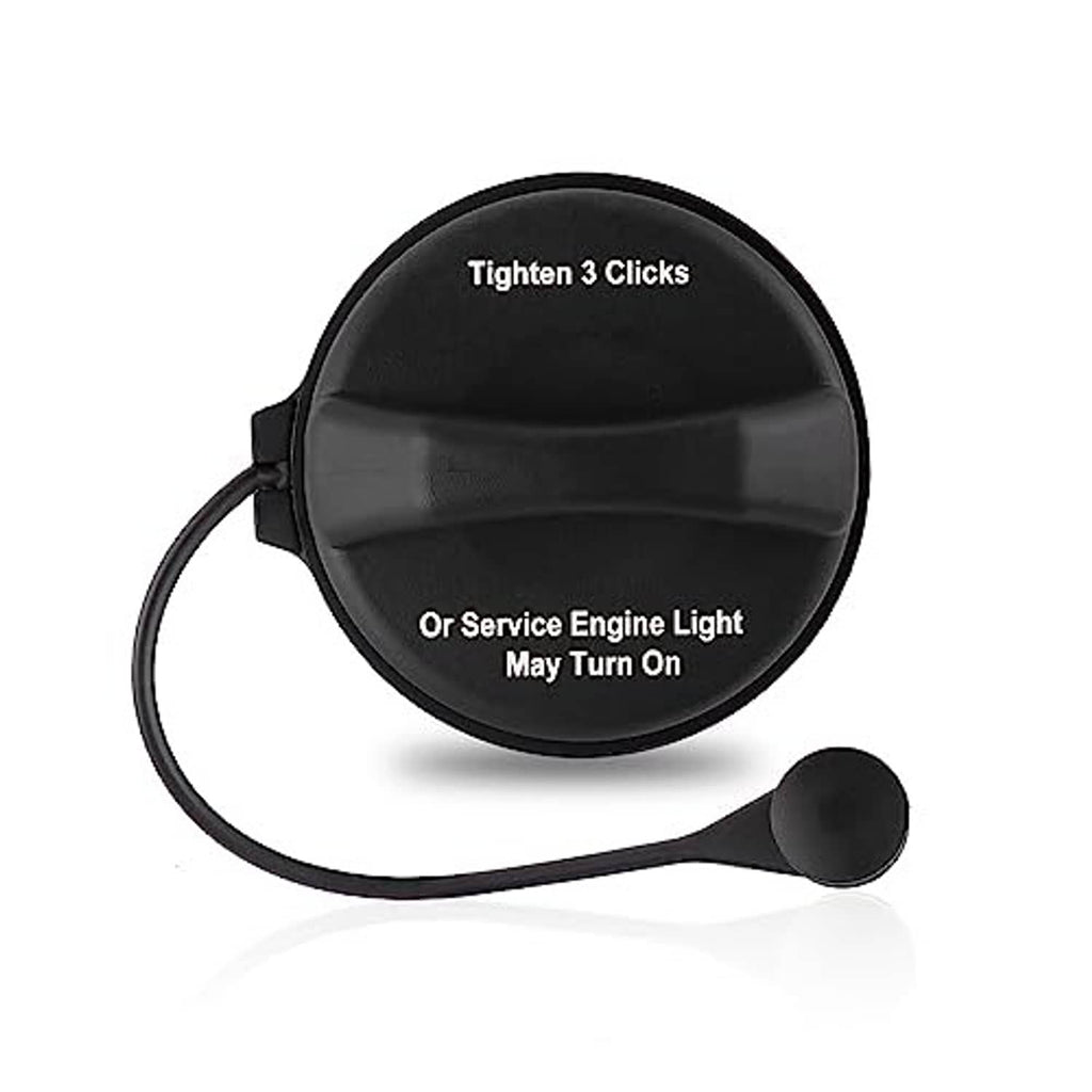 Black round fuel tank cap with tether cord and locking-style design