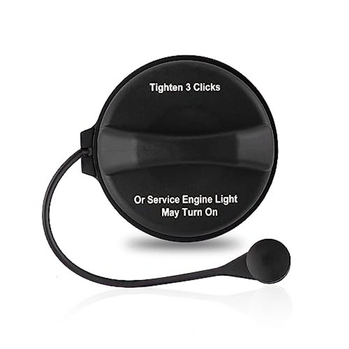 Black round fuel tank cap with tether cord and locking-style design