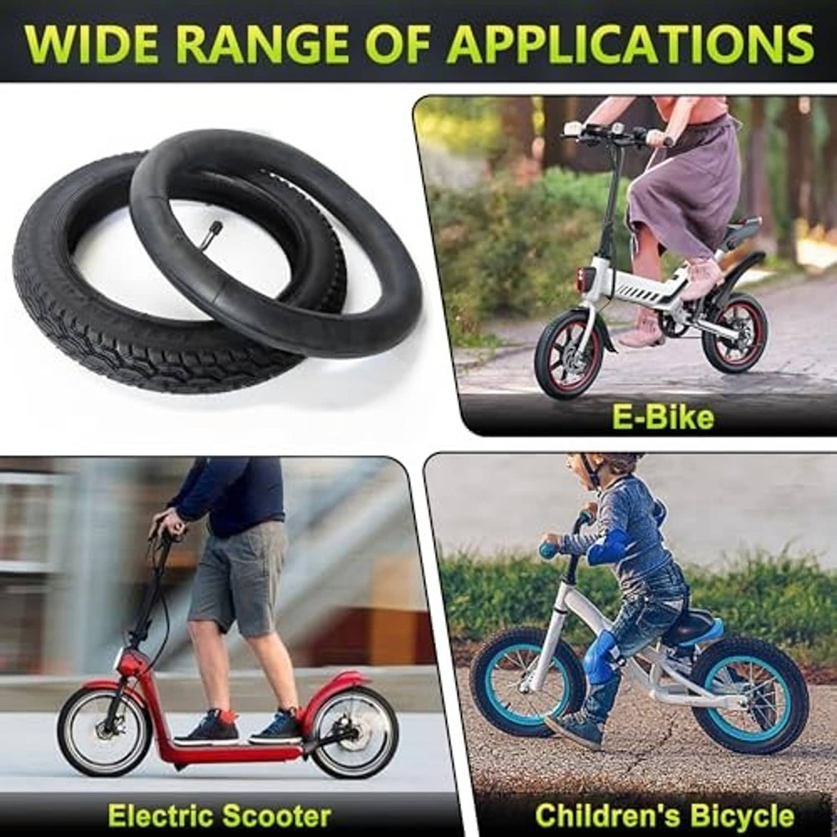 Set of black inner tubes for e-bikes, scooters, and bicycles