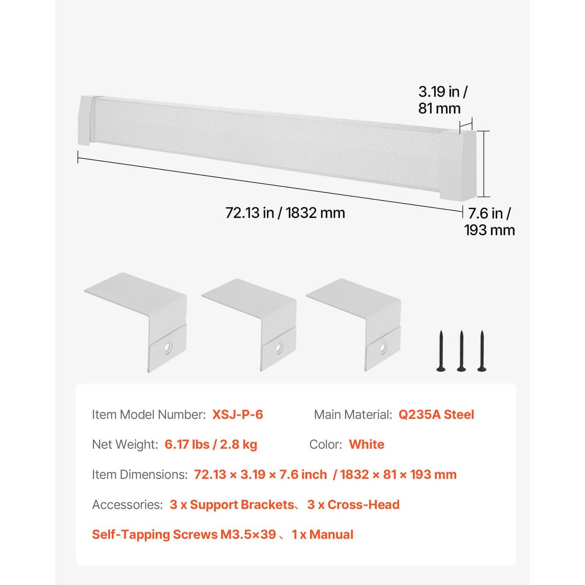 White 72.13 in baseboard heater cover with three support brackets and screws