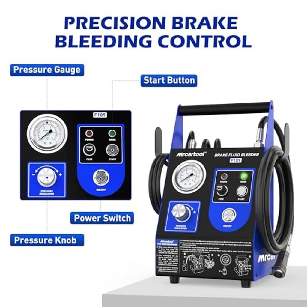 Brake fluid bleeder control unit with pressure gauge and side-mounted hoses