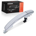 Chrome exterior door handle, front passenger side, silver-gray curved lever.