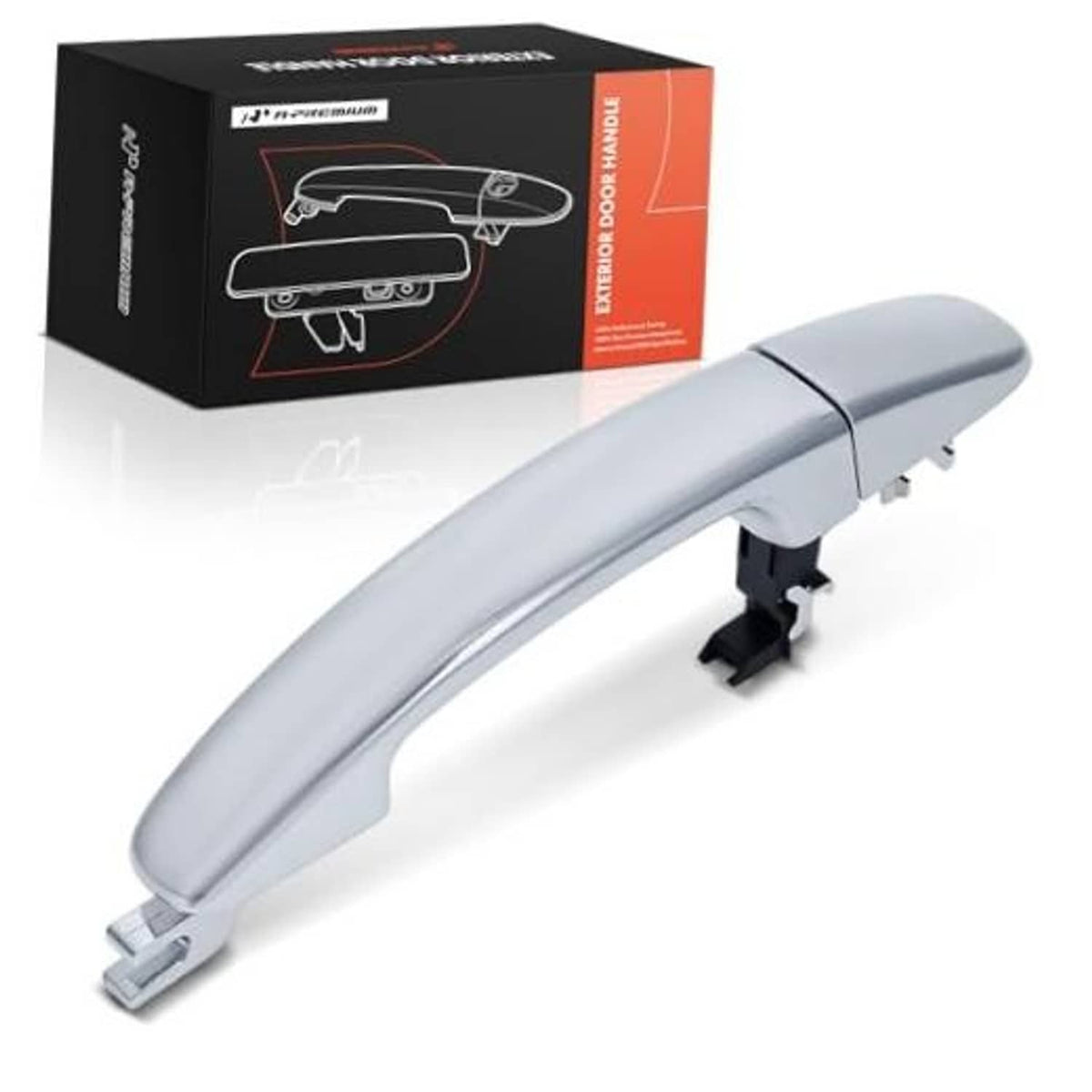 Chrome exterior door handle, front passenger side, silver-gray curved lever.