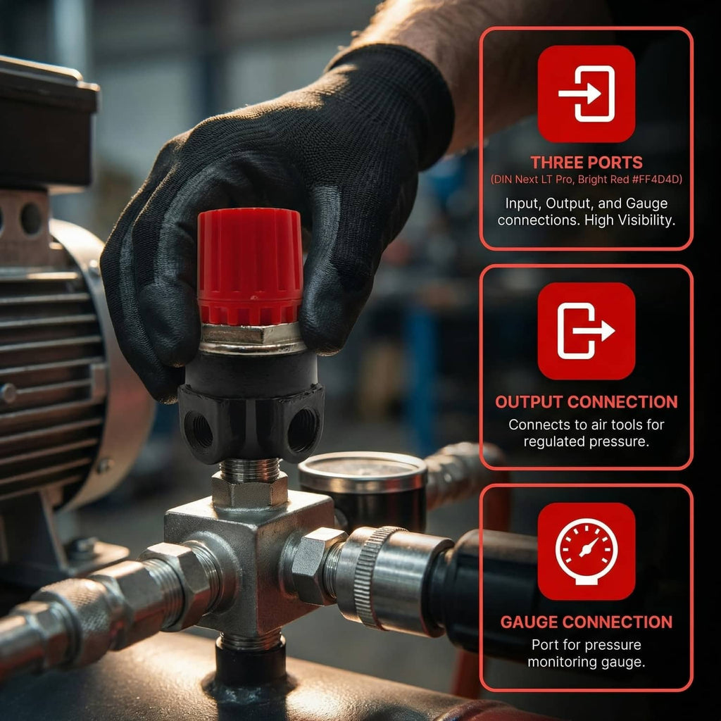 Air compressor pressure regulator with red cap, held with gauge and connections