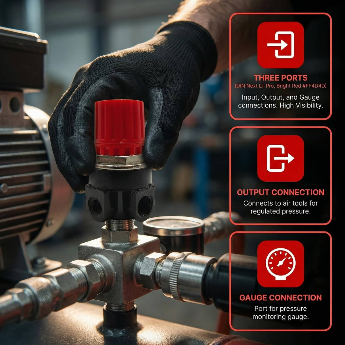 Air compressor pressure regulator with red cap, held with gauge and connections