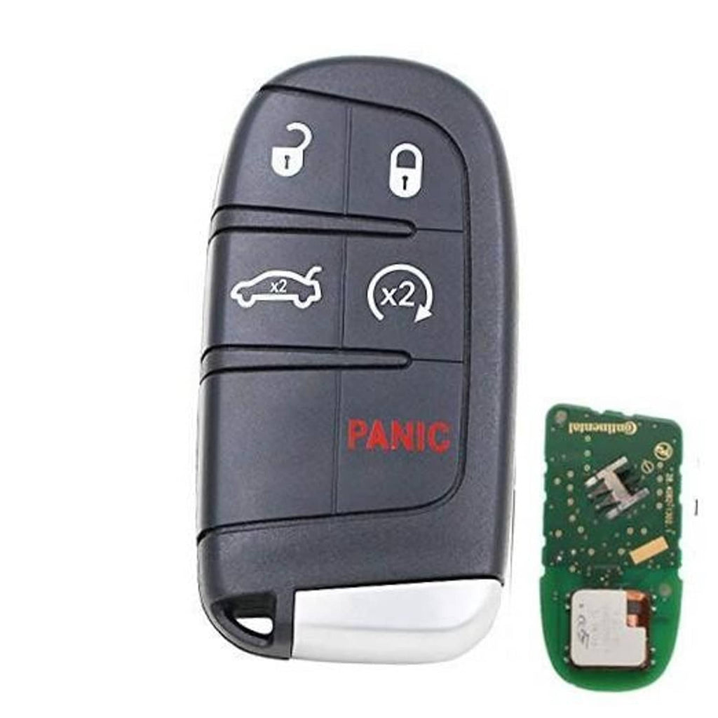 Dark gray 5-button keyless car key fob with lock, unlock, and PANIC label.