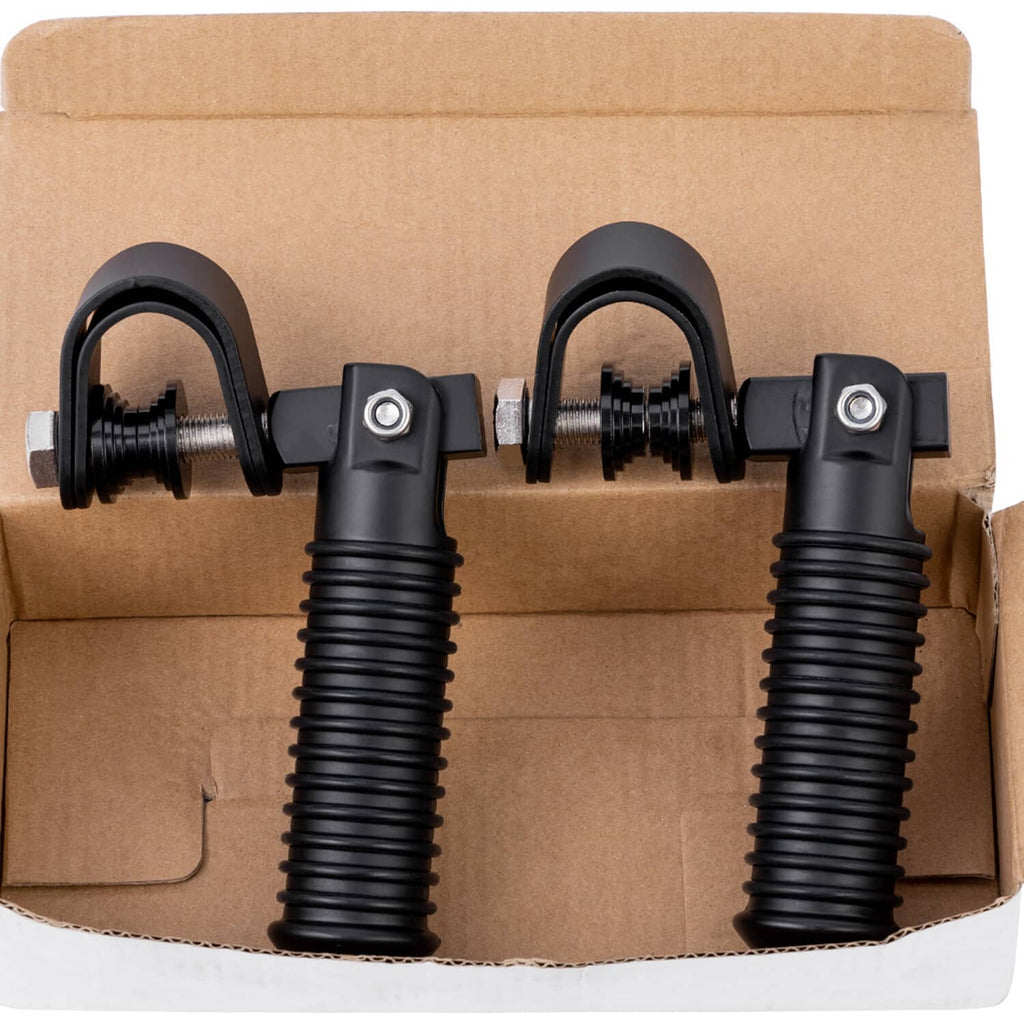 Pair of black motorcycle foot pegs with threaded studs, rubber coils, and U brackets
