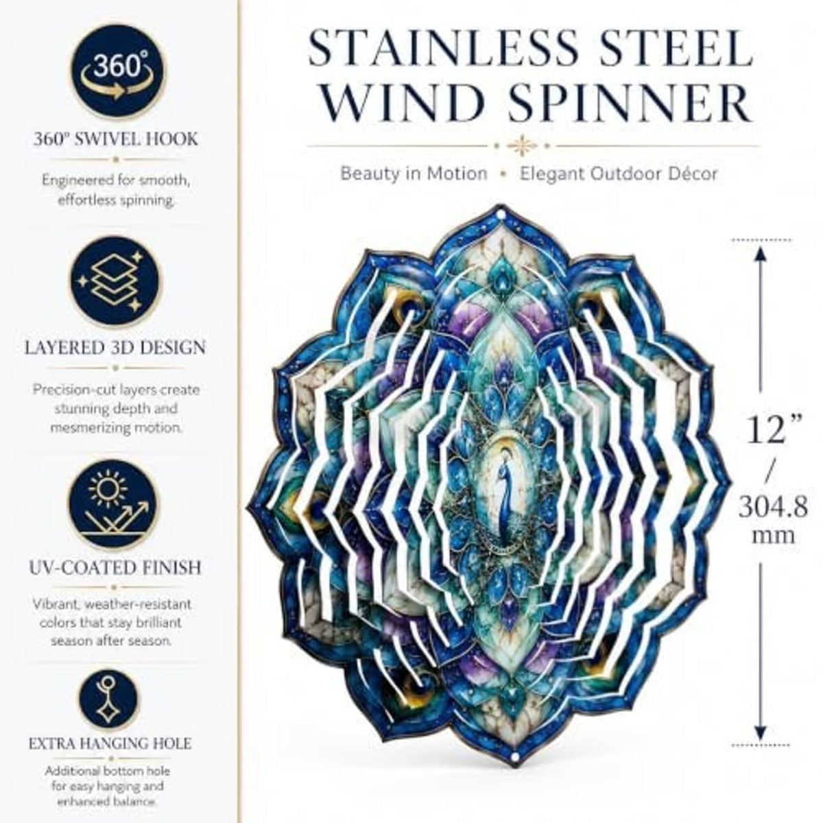 12-inch stainless wind spinner with blue-purple peacock feather fan design shown