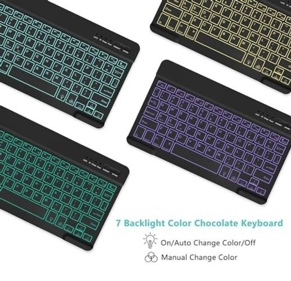 Black keyboard case with glowing backlit keys in green and purple color options