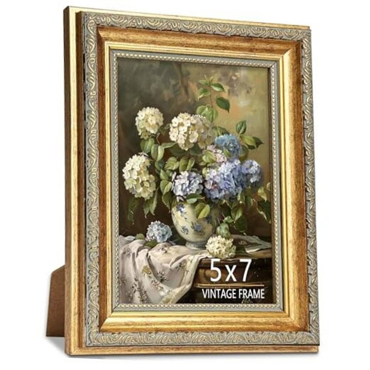 Ornate vintage gold picture frame with inner border and HD glass, floral photo