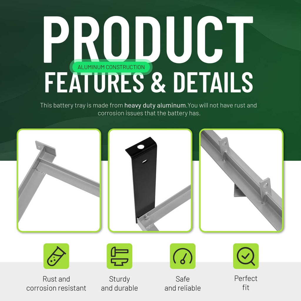 Aluminum battery tray features close-up with mounting bracket and side plates