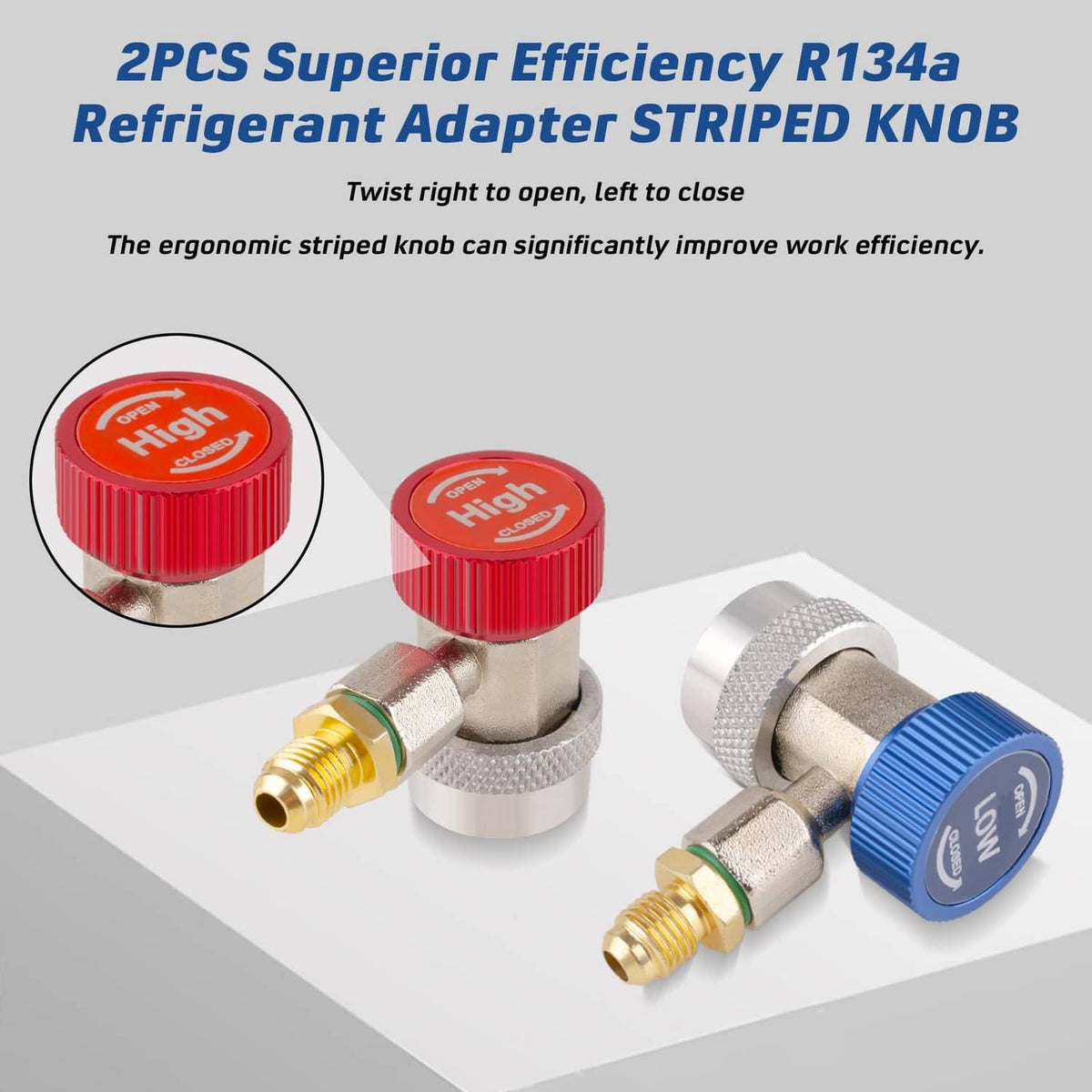 2-pack R134a refrigerant adapter fittings with red and blue check valves and brass ports