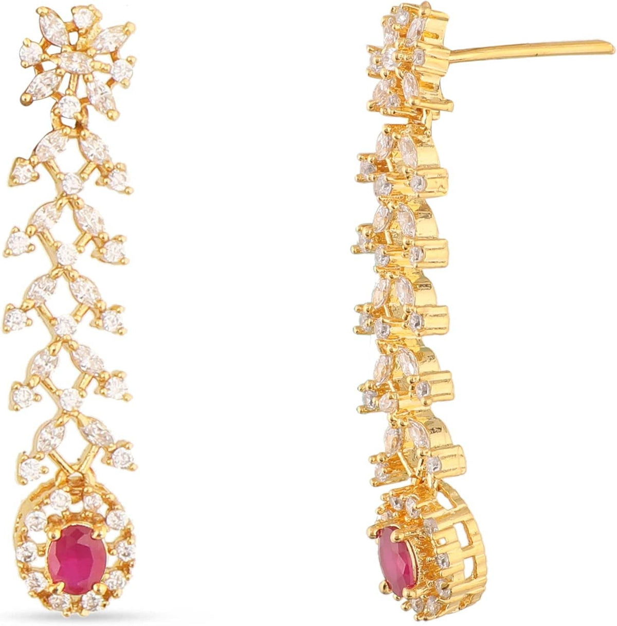 Gold-tone CZ drop earrings with white flower details and purple oval stone