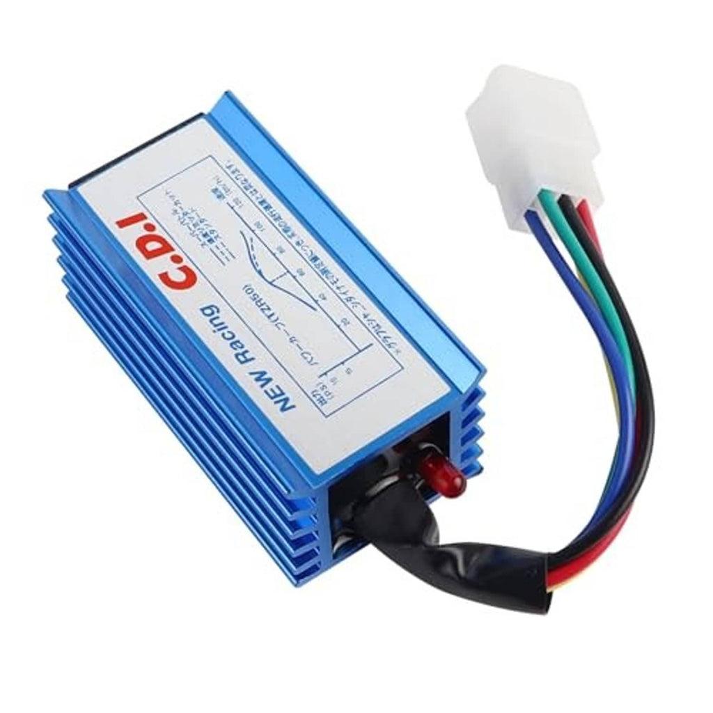 Blue CDI ignition control module with multicolor wire leads and black inline component