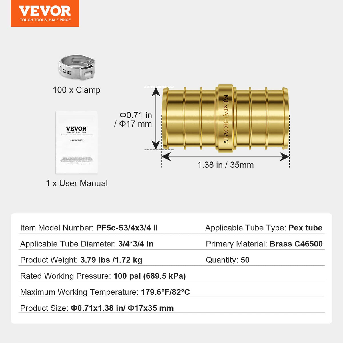 Brass 3/4 in straight-through pipe fitting with metal clamp and product size markings