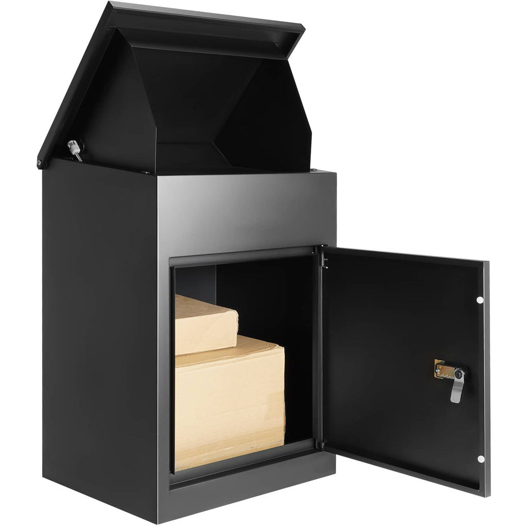 Outdoor parcel mailbox with open door and interior, dark gray galvanized steel coded lock