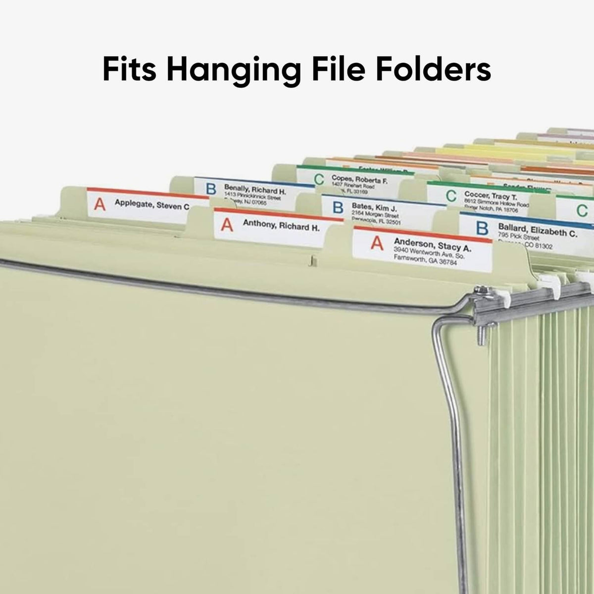 Steel hanging file frame clips holding hanging folders on a rail