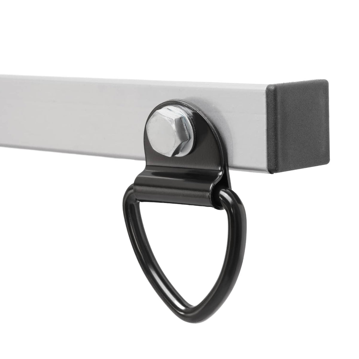 Black D-ring tie-down attached to a metal trailer cross bar beam