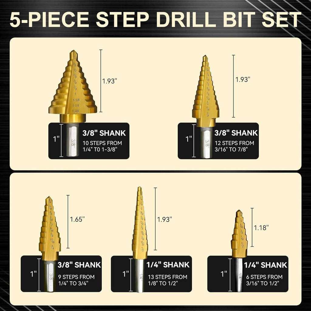 5-piece step drill bit set diagram with different shank sizes and step heights