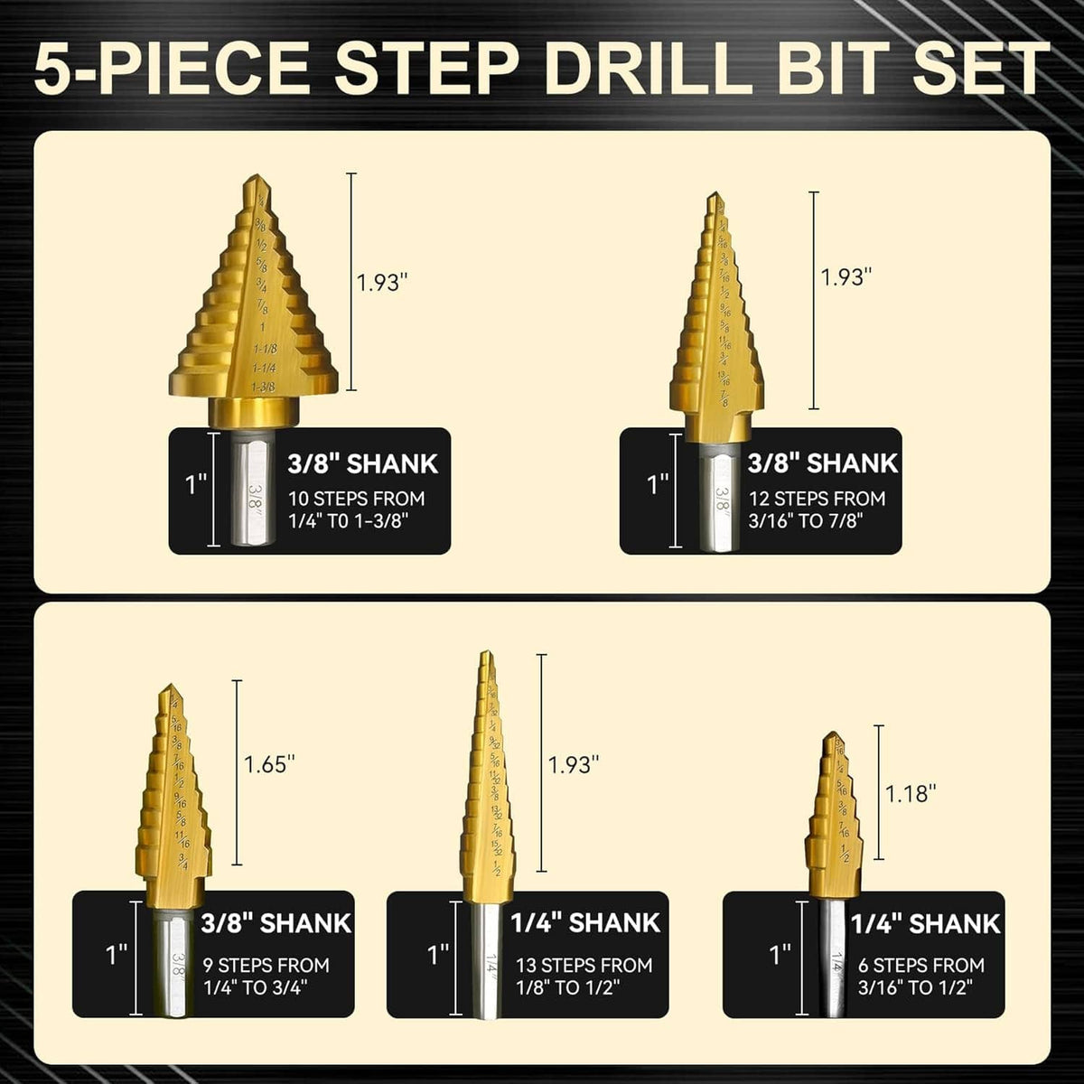 5-piece step drill bit set diagram with different shank sizes and step heights